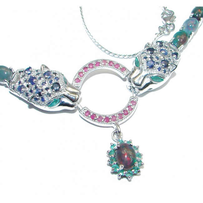 LUXURY Rare Black Opal Emerald Ruby Sapphire 925 Sterling Silver Tiger Necklace