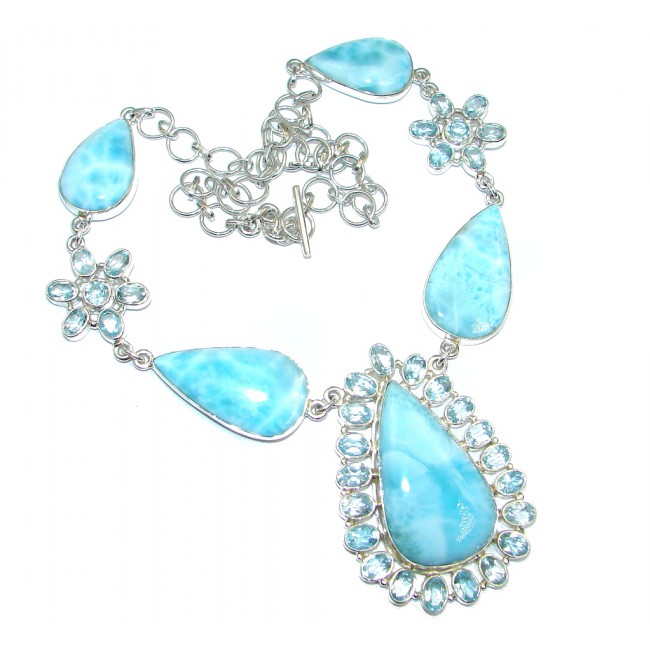 Masterpiece Natural Blue Larimar Swiss Blue Topaz Sterling Silver handmade necklace