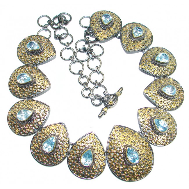 Rich Byzantine Design Genuine Swiss Blue Topaz Gold plated over Sterling Silver handmade necklace