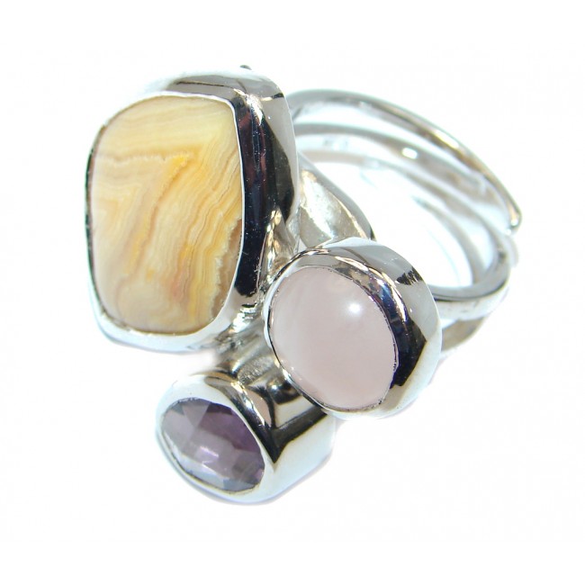 Exotic Honey Lace Agate Sterling Silver Ring size adjustable