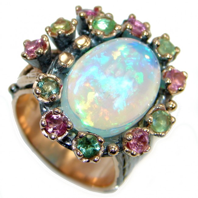 Natural 20ct Ethiopian Opal Tourmaline 18ct Rose Gold Rhodium plated over Sterling Silver ring size 7