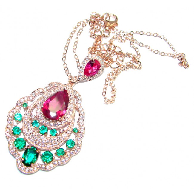 Rare created Ruby Emerald Rose Gold plated over 925 Sterling Silver Necklace