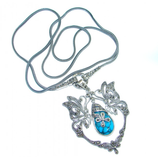 Gorgeous Natural Blue Turquoise Marcasite 925 Sterling Silver 24 inch Necklace