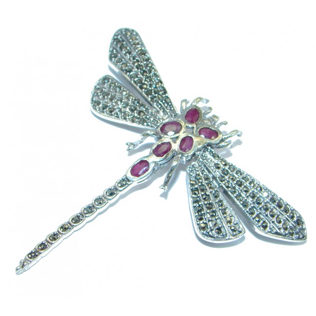 Huge Dragonfly Red Ruby Marcasite 925 Sterling Silver Big Brooch
