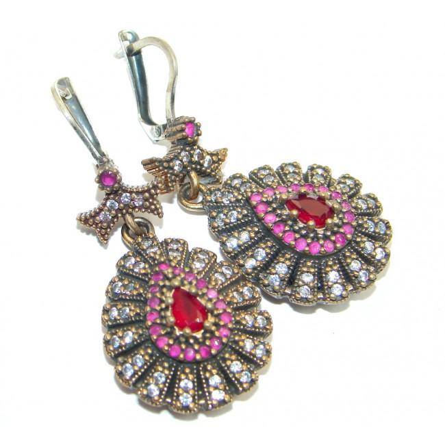 Huge Victorian Style created Red Ruby Sterling Silver earrings