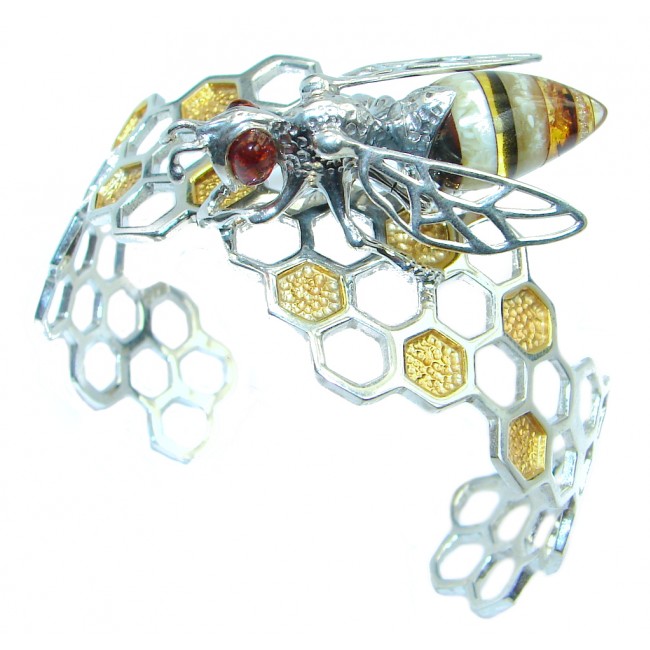 Real Master piece Honey Bee Polish Amber Two Tones Sterling Silver Bracelet / Cuff