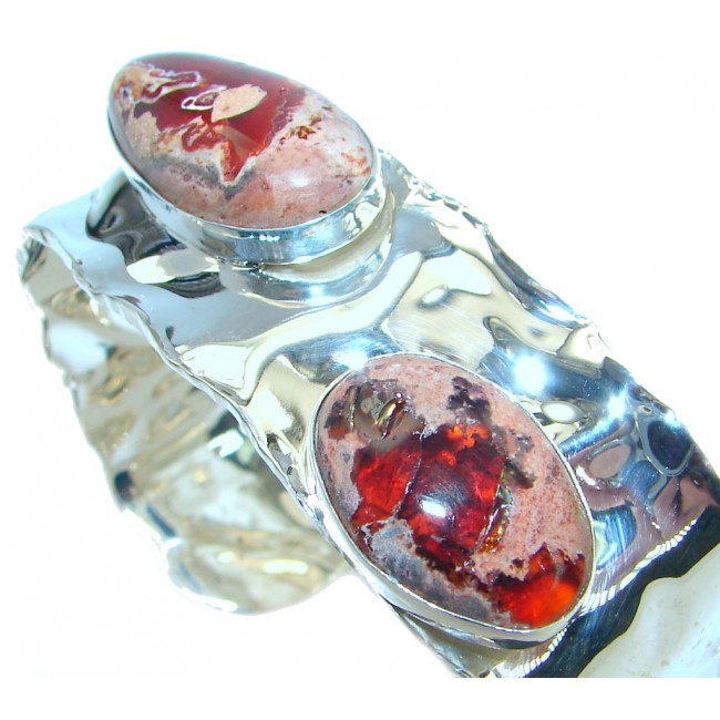 One of the kind AAA quality Mexican Fire Opal hammered Sterling Silver Bracelet / Cuff