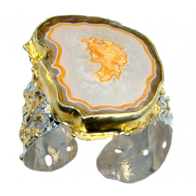 Handmade Natural Big Cab 218 Ct Orange Agate Two Tones 925 Sterling Silver Cuff 3 Inches wide
