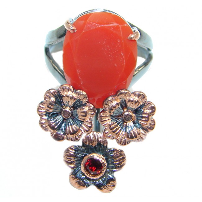 Huge Genuine Carnelian Rose Gold Rhodium plated over Sterling Silver Ring 7