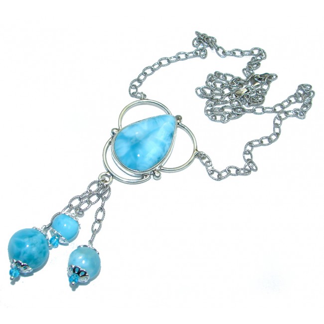 Great Masterpiece Natural Blue Larimar Blue Topaz Oxidized Sterling Silver handmade necklace