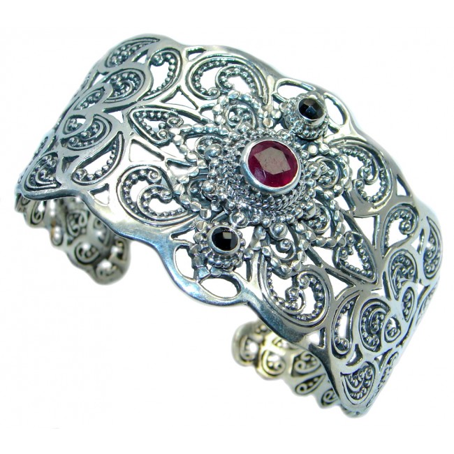 Huge Luxury Genuine Ruby Black Spinel Sterling Silver handmade Cuff/Bracelet