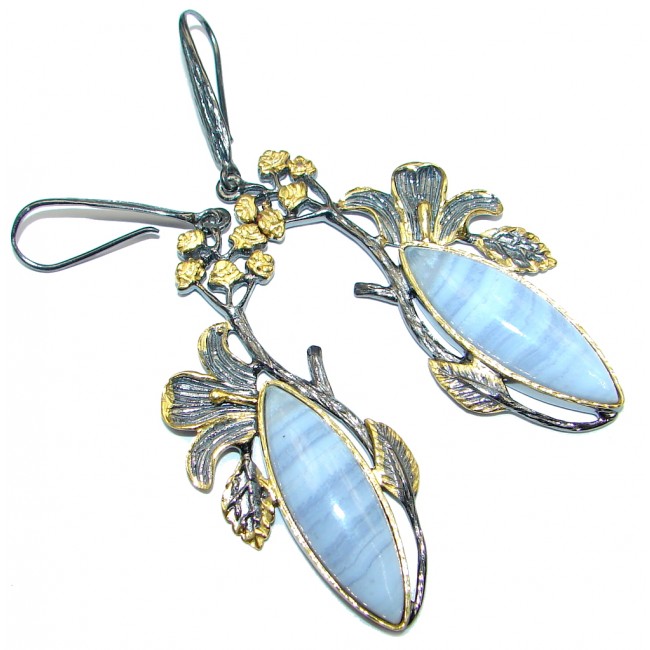 Long 3 1/8 inches long Blue Lace Agate Gold Rhodium PLated over Sterling Silver earrings