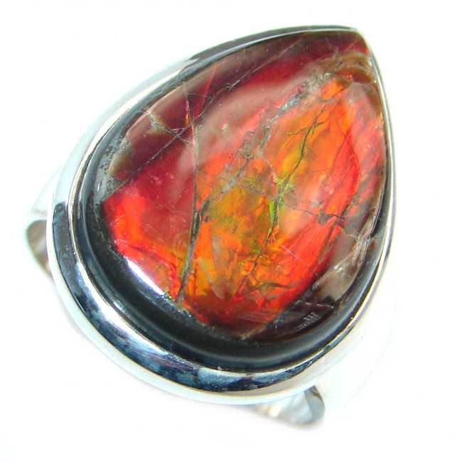 Orange Fire Genuine Canadian Ammolite Sterling Silver handmade ring size 7 1/4