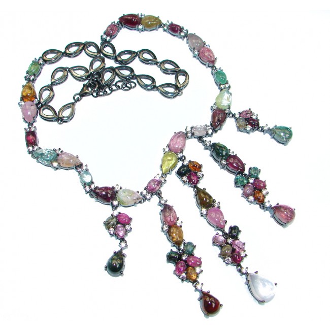 Great Masterpiece Natural Watermelon Tourmaline Oxidized Sterling Silver handmade necklace
