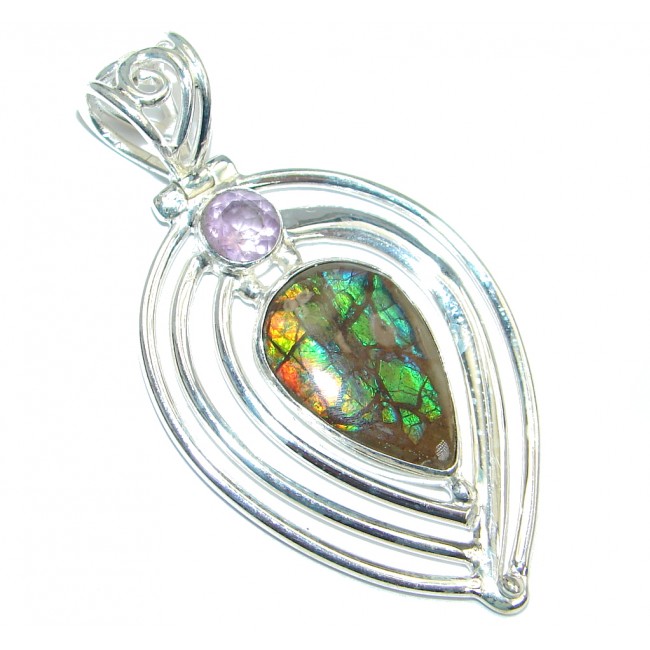 Natural Red Ammolite hammered Sterling Silver handmade Pendant