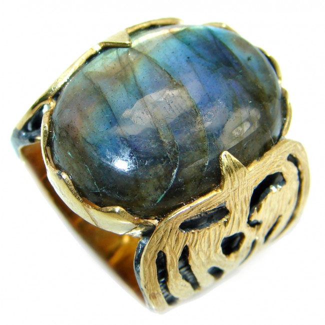 Big Blue Fire Labradorite Gold plated over Sterling Silver handmade ring size 8 1/2