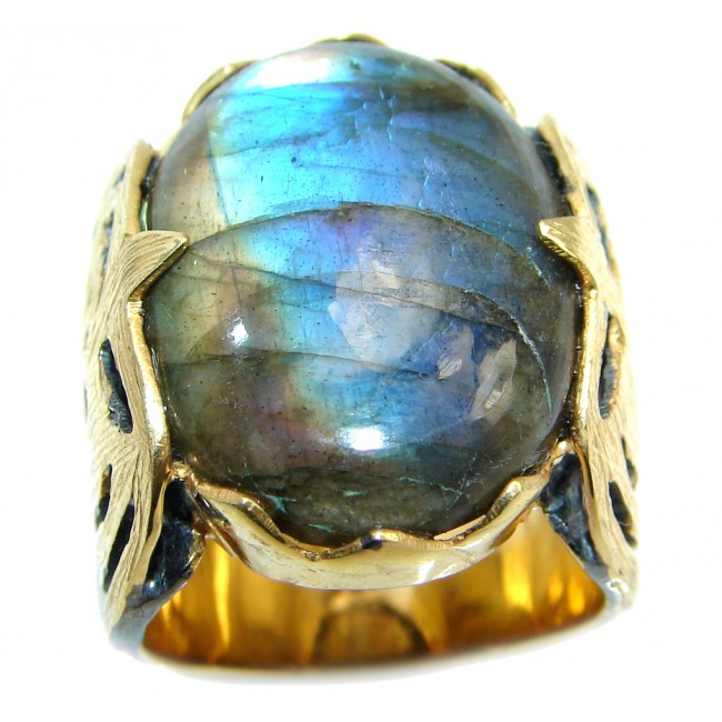 Big Blue Fire Labradorite Gold plated over Sterling Silver handmade ring size 8 1/2