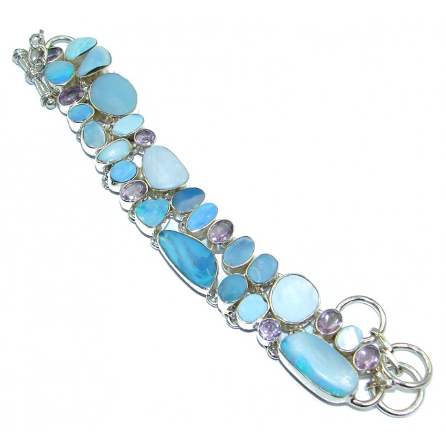 Genuine Australian Blue Fire Opal hammered Sterling Silver handmade Bracelet