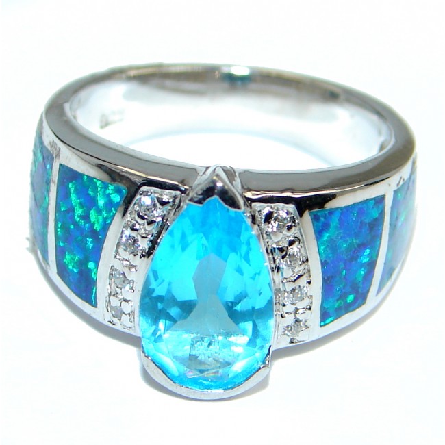 Luxurious Caribbean Sea Blue Topaz Blue Opal Sterling Silver Ring s. 7