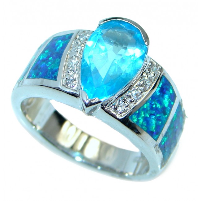Luxurious Caribbean Sea Blue Topaz Blue Opal Sterling Silver Ring s. 7