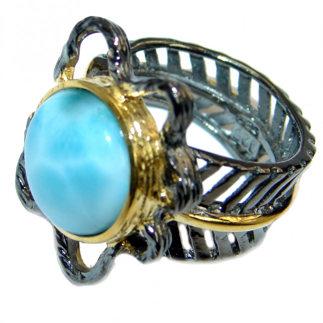 Larimar Gold plated over Oxidized Sterling Silver handmade Ring size 7 adjustable