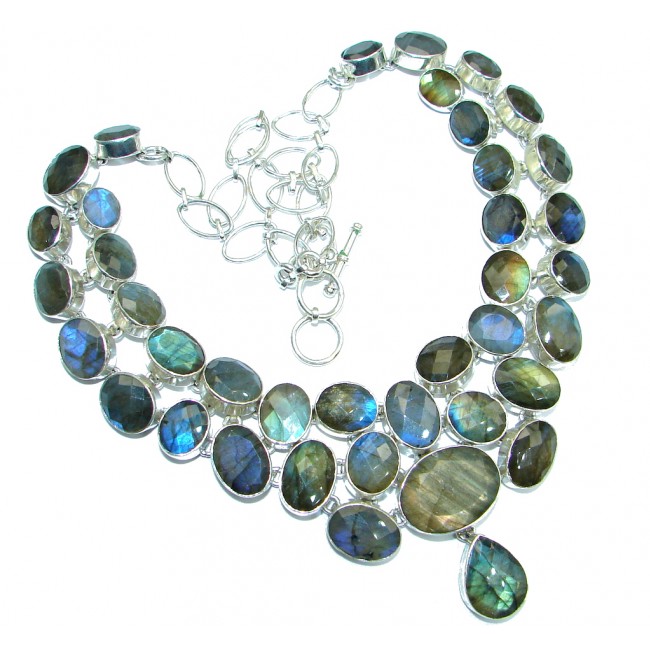 Chunky Cascade of Lights Labradorite hammered Sterling Silver entirely handcrafted necklace