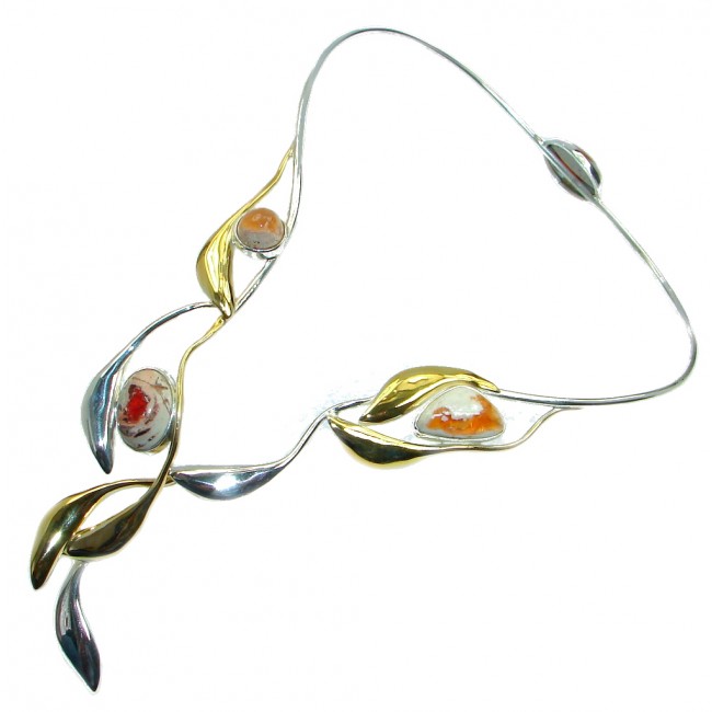 Large Master Piece genuine Mexican Opals Two Tones Sterling Silver brilliantly handcrafted necklace