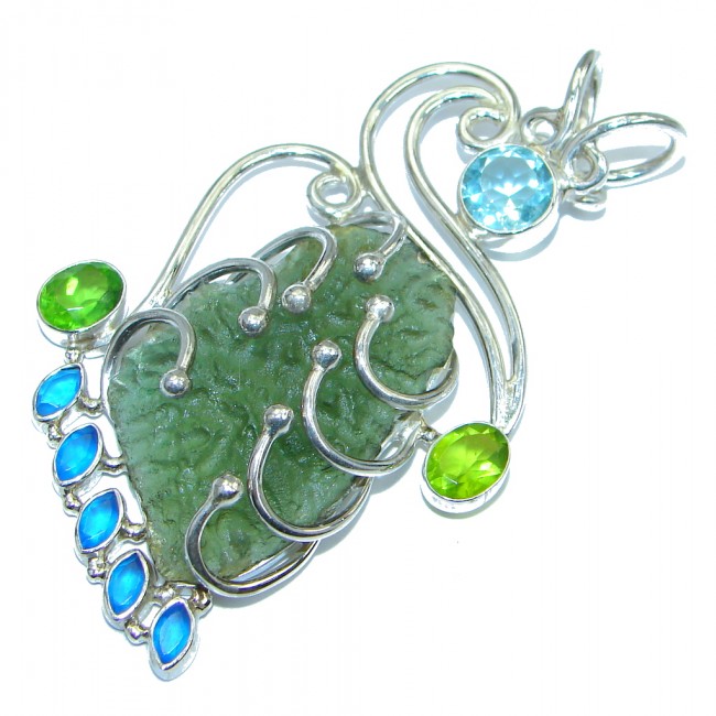 Unique design Green Moldavite Peridot Sterling Silver Pendant