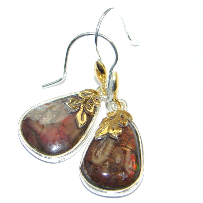 Red Aura AAA+ Fire Ammolite two tones Sterling Silver handmade earrings
