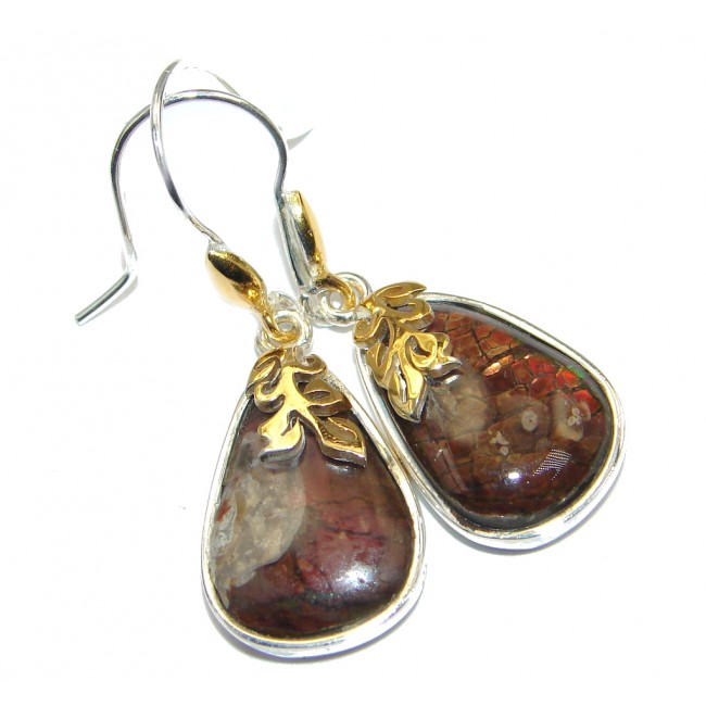 Red Aura AAA+ Fire Ammolite two tones Sterling Silver handmade earrings
