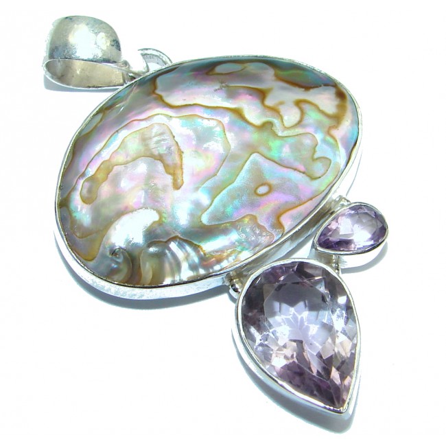 Natural Rainbow Abalone Amethyst Sterling Silver handmade Pendant