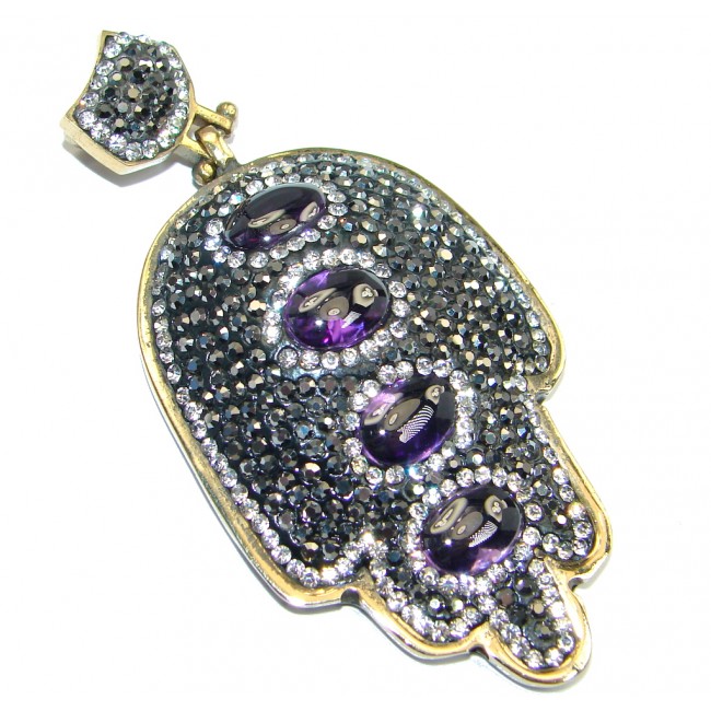 Victorian Style Purple Hamsa Hand & White Topaz Sterling Silver Pendant