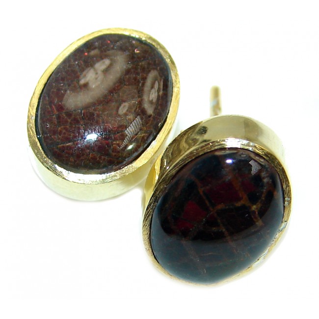 Red Aura Fire Ammolite hammered Sterling Silver handmade stud earrings