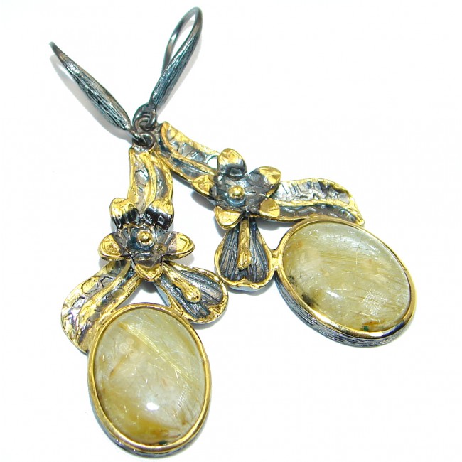 Genuine Golden Rutilated Quartz Gold over Oxidized .925 Sterling Silver handmade Earrings