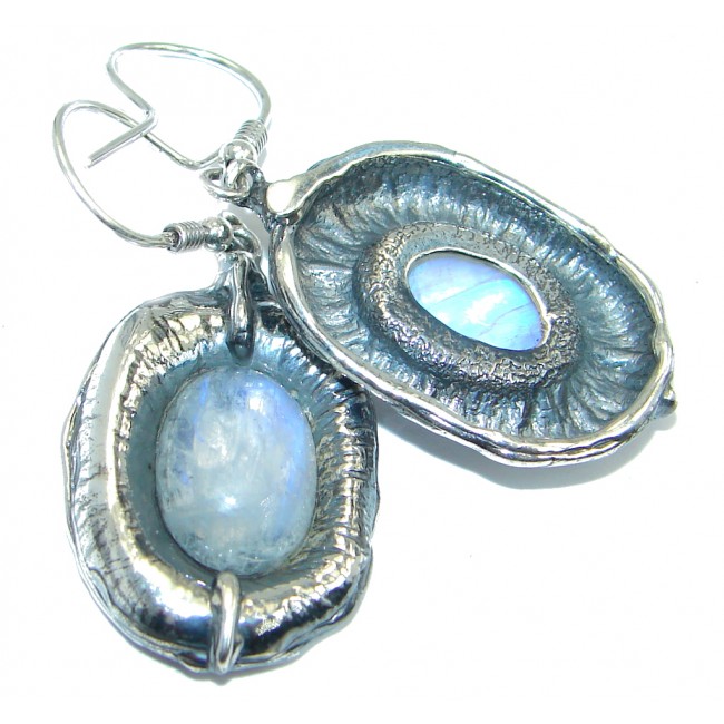 One of the kind Sublime Design White Moonstone Oxidized Sterling Silver earrings
