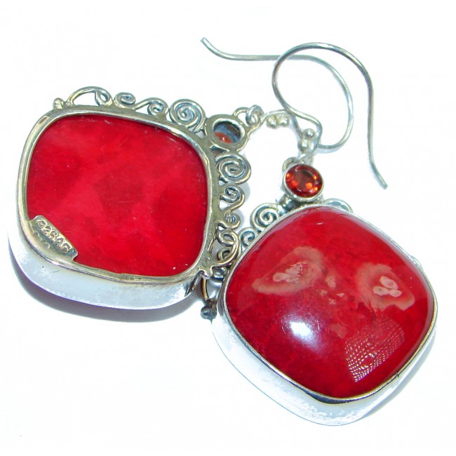 Large Red Fossilized Coral Sterling Silver handmade earrings