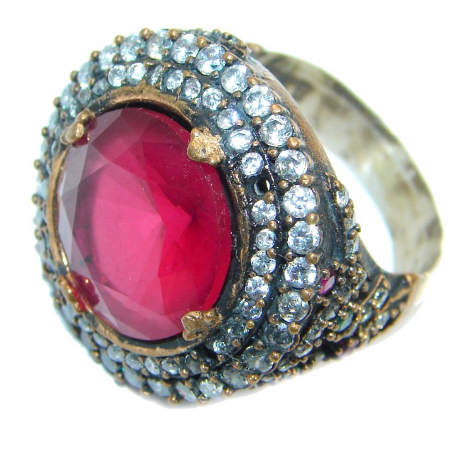 Large Victorian Style created Ruby & White Topaz Sterling Silver ring; s. 8 1/4