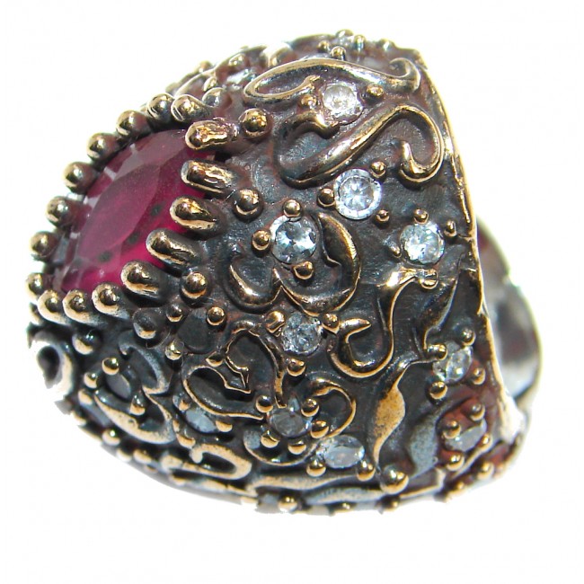 Large Victorian Style created Ruby & White Topaz Sterling Silver ring; s. 5 1/4