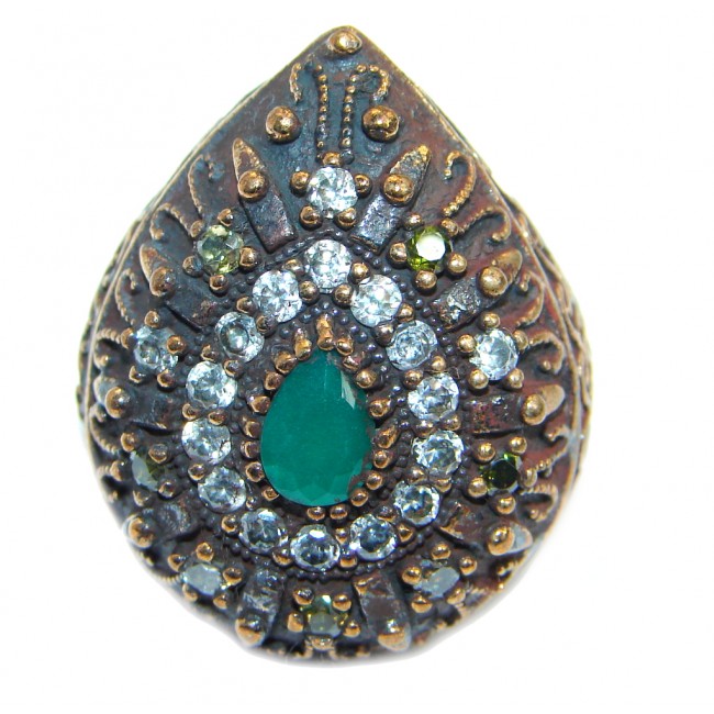 Victorian Style created Emerald & White Topaz Copper over Sterling Silver ring; s. 7 1/4