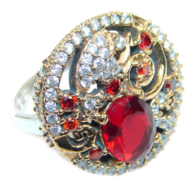 Large Victorian Style created Ruby & White Topaz Sterling Silver ring; s. 7 1/2