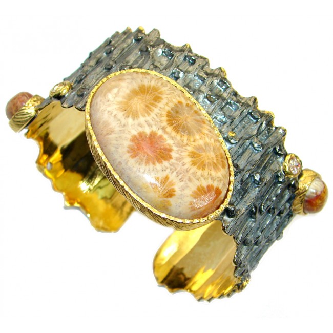Huge One in the World Natural Fossilized Coral .925 Sterling Silver Bracelet / Cuff