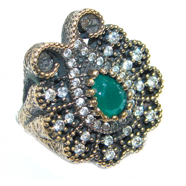 Victorian Style created Emerald & White Topaz Copper over Sterling Silver ring; s. 5 3/4