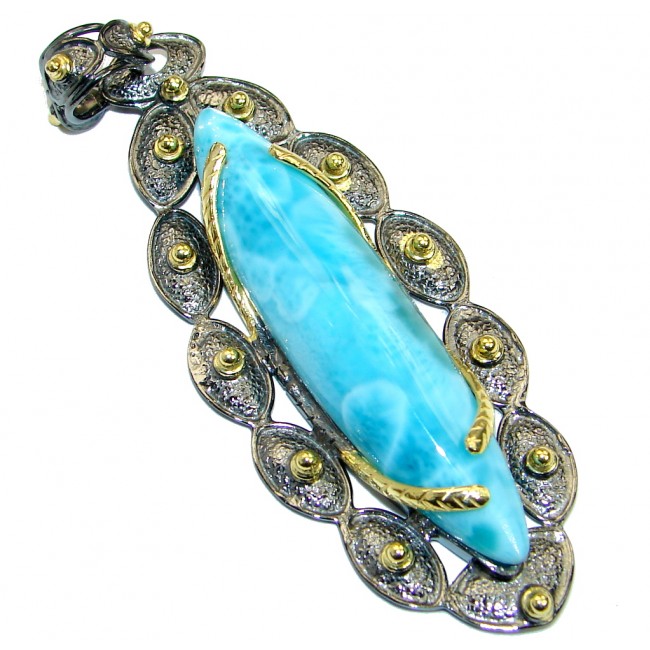 One of the kind Sublime Larimar Gold Rhodium plated over .925 Sterling Silver handmade pendant