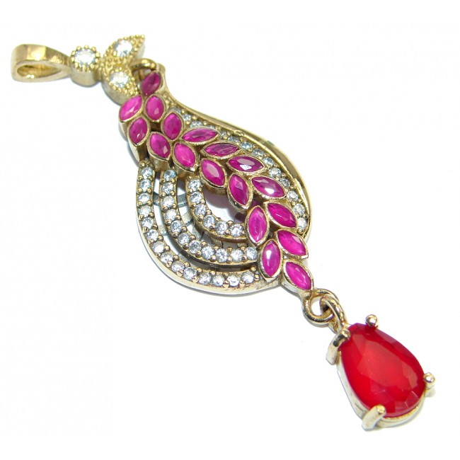 Long Victorian Vintage Style created Ruby Two tones .925 Sterling Silver Pendant