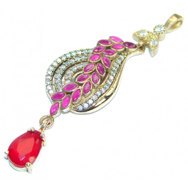 Long Victorian Vintage Style created Ruby Two tones .925 Sterling Silver Pendant