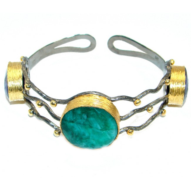 One in the World Natural Sapphire Emerald Gold over .925 Sterling Silver Bracelet / Cuff