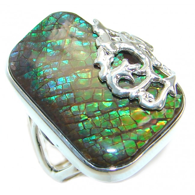 Fire Genuine Canadian Ammolite .925 Sterling Silver handmade ring size 7 adjustable