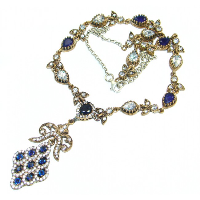Elegant Victorian Style created Sapphire & White Topaz copper over Sterling Silver necklace