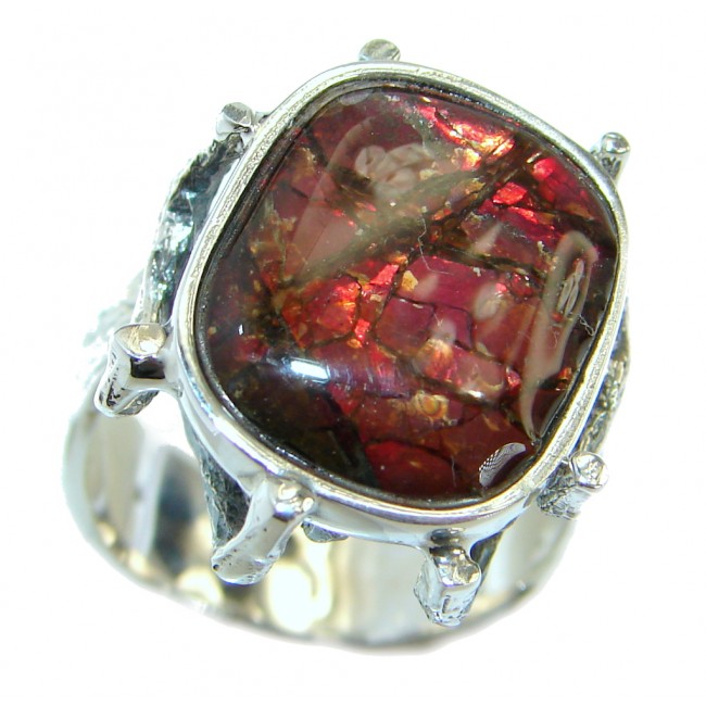 Pure Energy Fire Genuine Canadian Ammolite .925 Sterling Silver handmade ring size 8 3/4