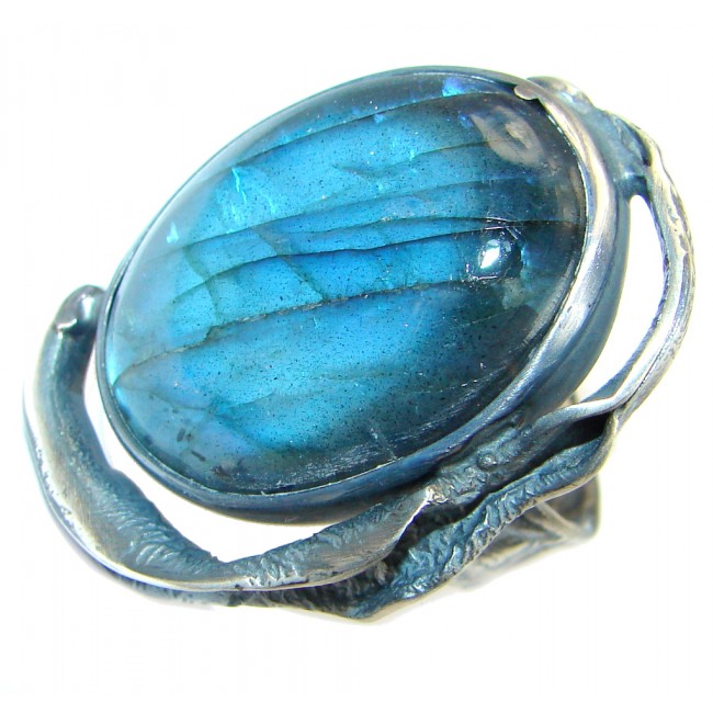 Vintage Style Blue Fire Labradorite oxidized .925 Sterling Silver handmade ring size 8 adjustable